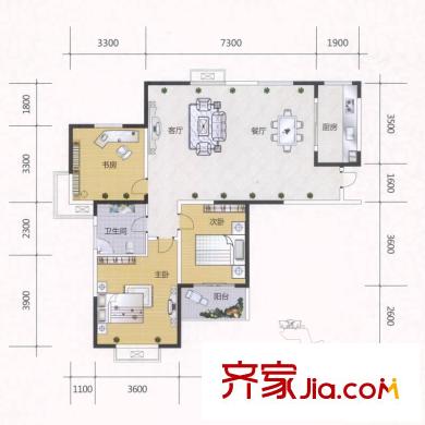 金大陸上東城戶型圖2#B3戶型 3室2廳1衛(wèi)1廚