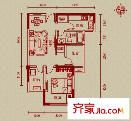 金輝悅府G1戶型 1室2廳1衛(wèi)1廚