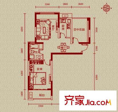 金輝悅府F1戶型 1室2廳1衛(wèi)1廚