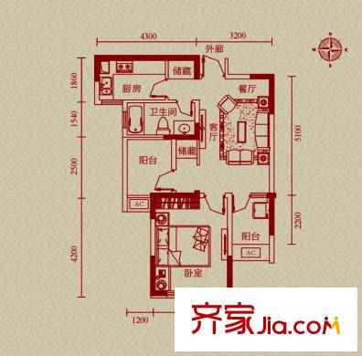 金輝悅府G2戶型 1室2廳1衛(wèi)1廚
