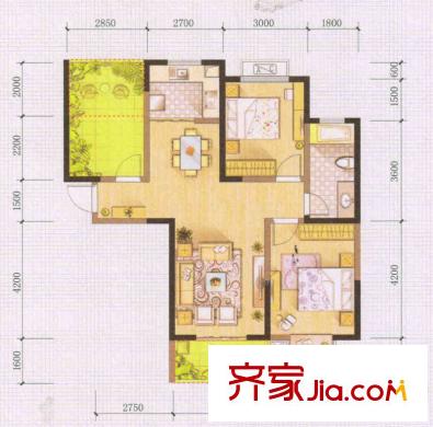 京冠萬城華府戶型圖二期18#、19#、20#、21#B1戶型 2室2廳1衛(wèi)1廚