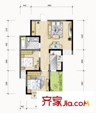 京冠萬城華府戶型圖22、23、26、27#A2戶型 2室2廳1衛(wèi)1廚