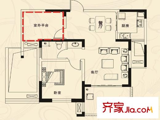高速云水灣三期HB戶型 1室2廳1衛(wèi)1廚