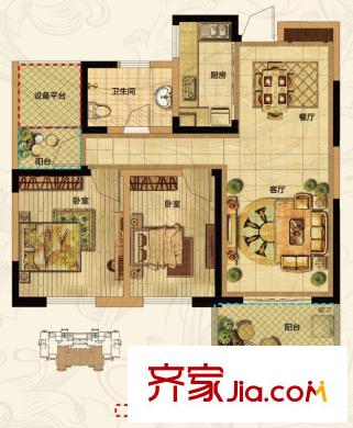 高速云水灣四期E2戶型  2室2廳1衛(wèi)1廚