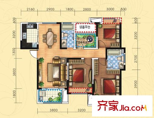華紡新華城戶型圖B'-3戶型 4室2廳2衛(wèi)1廚