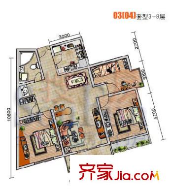 中房名城戶(hù)型圖03(04)3-8層 3室2廳1衛(wèi)1廚