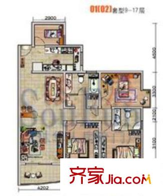 中房名城戶型圖01(02)9-17 4室2廳2衛(wèi)1廚