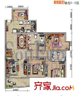 中房名城戶(hù)型圖01(02)3-8層 4室2廳2衛(wèi)1廚