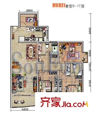 中房名城戶型圖19-1 4室2廳2衛(wèi)1廚