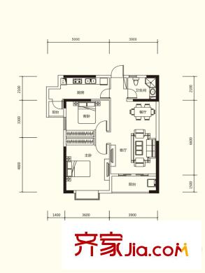 平方米景灣書香閣戶型圖1#樓標準層A4戶型 2室2廳1衛(wèi)1廚