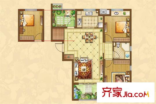 北城中環(huán)城二期玫瑰公館 E戶型 2室2廳2衛(wèi)1廚