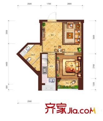華潤(rùn)中心時(shí)與間戶型圖A3型－01戶型 1室2廳1衛(wèi)1廚