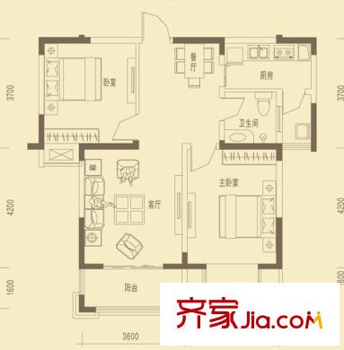 祥源公館戶型圖B戶型 2室2廳1衛(wèi)1廚