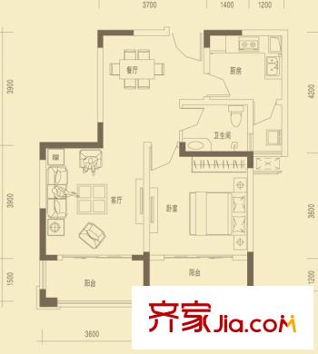 祥源公館戶型圖E1戶型 1室2廳1衛(wèi)1廚