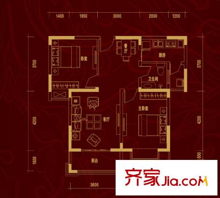 祥源公館戶型圖B戶型 2室2廳1衛(wèi)1廚