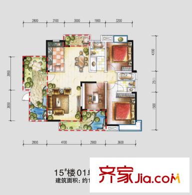 新華國際廣場戶型圖15-#樓01單元 2室2廳1衛(wèi)1廚