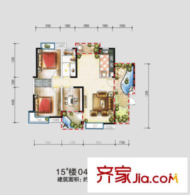 新華國際廣場戶型圖15-#樓04單元 2室2廳1衛(wèi)1廚