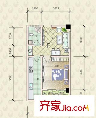 華鳳國際戶型圖F戶型 1室1廳1衛(wèi)1廚