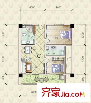 華鳳國際戶型圖C戶型 2室2廳1衛(wèi)1廚