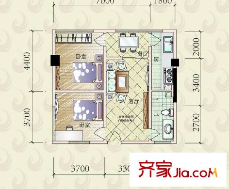 華鳳國際戶型圖6 2室2廳1衛(wèi)1廚
