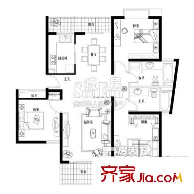 湖濱花園 3室 戶型圖