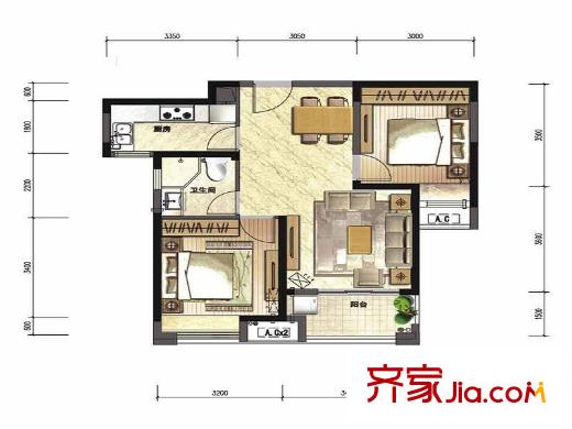 綠地中心戶型圖一期1棟B3戶型 2室2廳1衛(wèi)1廚