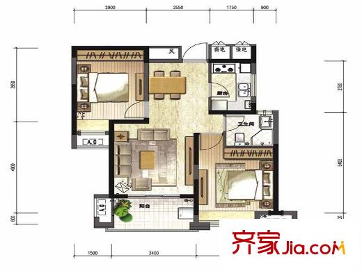 綠地中心戶型圖一期1棟C3戶型 2室2廳1衛(wèi)1廚