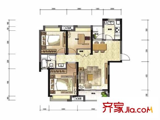綠地中心戶型圖一期1棟C1戶型 3室2廳1衛(wèi)1廚