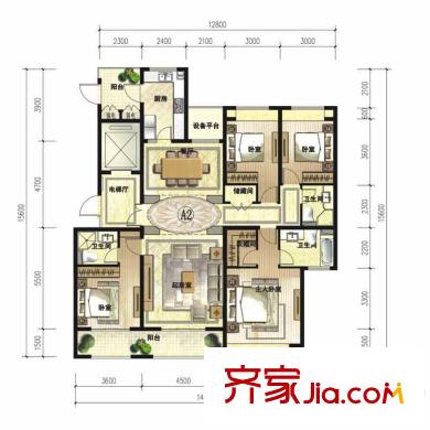 綠地中心戶型圖一期1棟A2戶型 4室2廳3衛(wèi)1廚