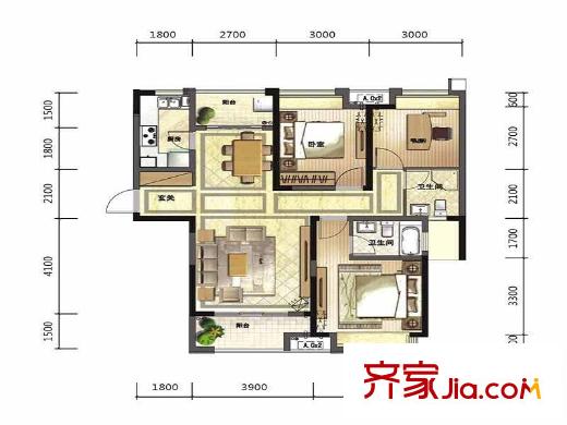 綠地中心戶型圖一期1棟B2戶型 2室2廳2衛(wèi)1廚