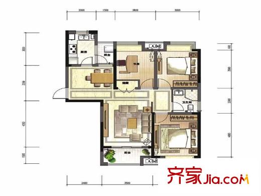綠地中心戶型圖一期1棟C2戶型 3室2廳1衛(wèi)1廚