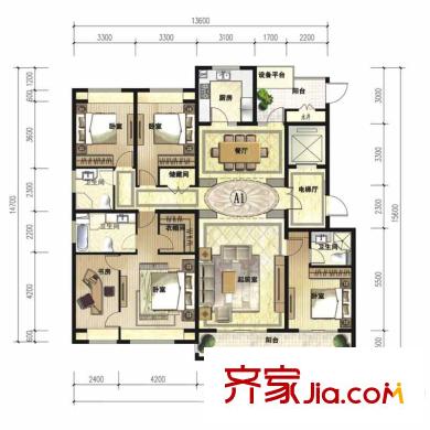 綠地中心戶型圖一期1棟A1戶型 5室2廳3衛(wèi)1廚
