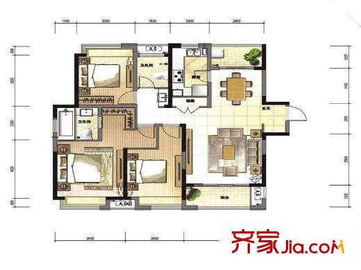 綠地中心戶型圖一期1棟B1戶型 3室2廳2衛(wèi)1廚