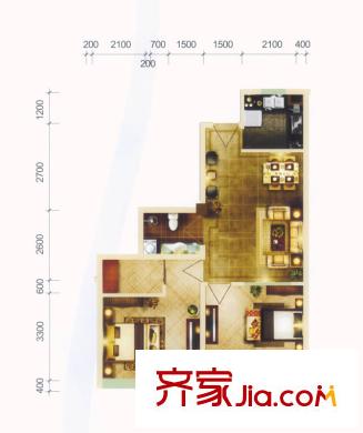 金徽陽光100戶型圖B戶型 2室2廳1衛(wèi)1廚