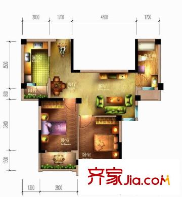 祥源匯博名座戶型圖3B1 2室2廳1衛(wèi)1廚