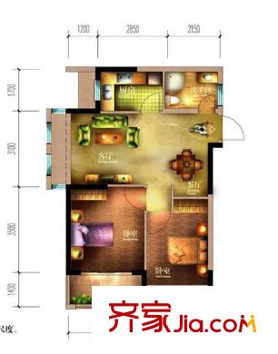 祥源匯博名座戶型圖1B 2室2廳1衛(wèi)1廚