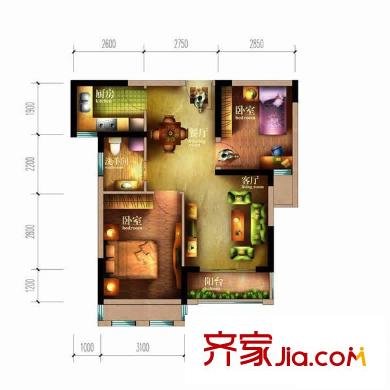 祥源匯博名座戶型圖1B2 2室2廳1衛(wèi)1廚