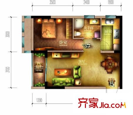 祥源匯博名座戶型圖1A2 1室2廳1衛(wèi)1廚