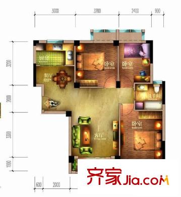 祥源匯博名座戶型圖3C1 3室2廳1衛(wèi)1廚