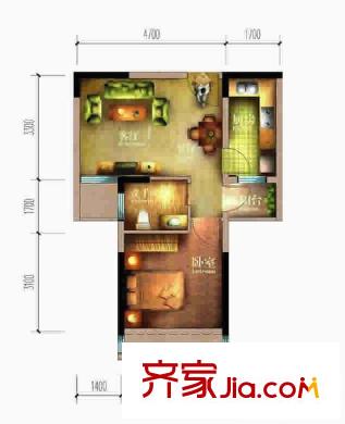 祥源匯博名座戶型圖1A1 1室2廳1衛(wèi)1廚