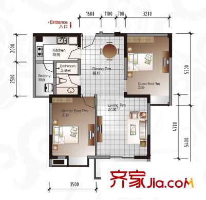 長城天一家園清溪苑戶型圖長城天一家園 2室 戶型圖 2室2廳1衛(wèi)1廚