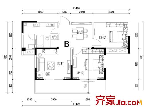 市政新顏小區(qū)戶型圖兩室兩廳戶型圖4 2室2廳1衛(wèi)1廚