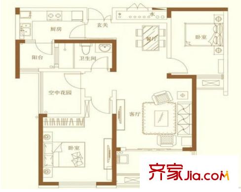 豐大國際戶型圖一期1-6#樓B1戶型圖 2室2廳1衛(wèi)