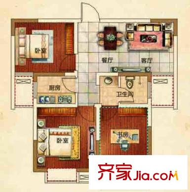 寶宸時代花園戶型圖A#/B#/E#B1戶型 2室2廳1衛(wèi)1廚