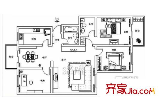 萬科鉑客公寓戶型圖1 3室2廳1衛(wèi)1廚
