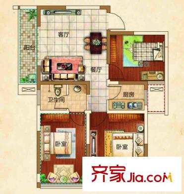 寶宸時代花園戶型圖A#/B#/E#B3戶型 2室2廳1衛(wèi)1廚
