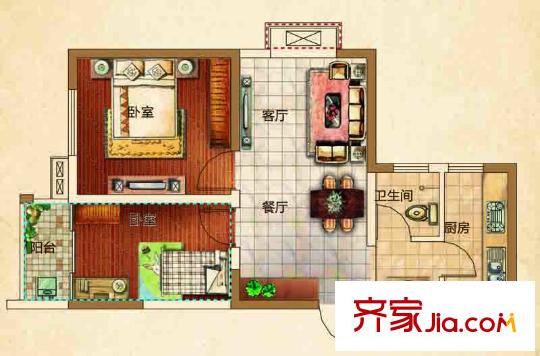寶宸時代花園戶型圖A#/B#/E#A1戶型 1室2廳1衛(wèi)1廚