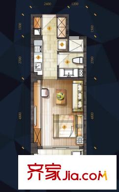 萬科鉑客公寓戶型圖2 1室1廳1衛(wèi)1廚