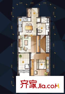萬科鉑客公寓戶型圖3 2室2廳1衛(wèi)1廚