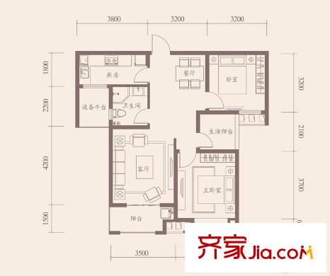 海亮九璽北12#13#B3-E戶型 2室2廳1衛(wèi)1廚